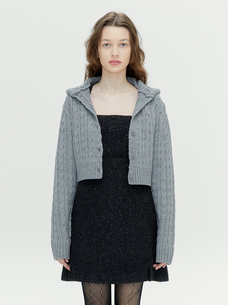 HOODY CABLE-KNIT CARDIGAN (GREY)